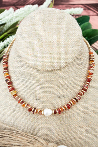 LULU PEARL AND RUST RED CARNELIAN CHIP NECKLACE