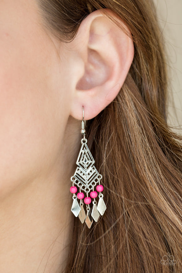 Island Import - Pink Kite-shaped Shiny Fringe Dangle Earrings