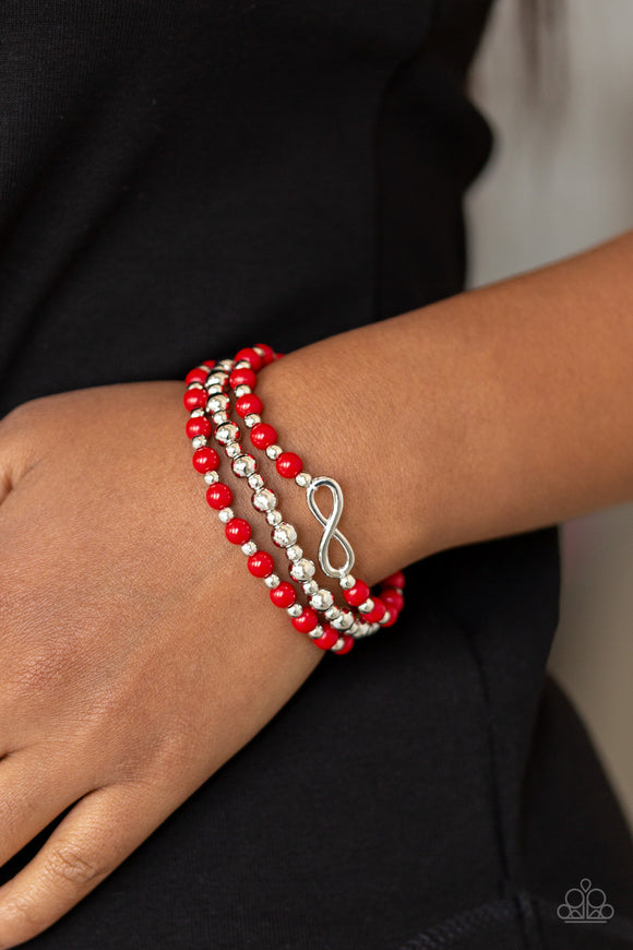 Immeasurably Infinite - Red Beaded Silver Infinity Stretchy Bracelet Stack