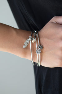 That QUILL Do - White Crackle Stone & Silver Feather Charm Bangle Bracelet Stack