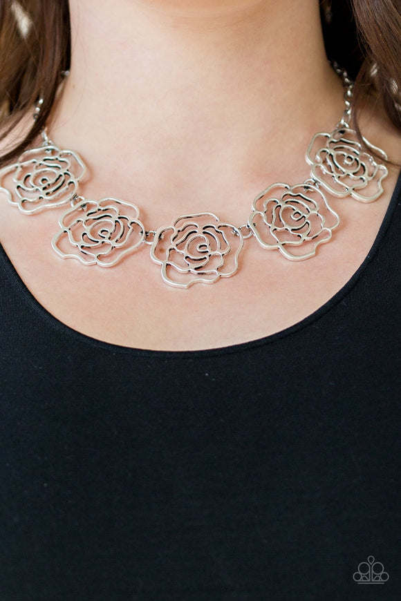 Budding Beauty - Silver Oversized Stenciled Rosebuds Short Necklace