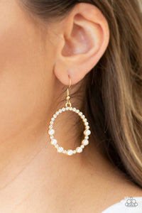 Glowing Grandeur - Gold & White Pearl Bling Circle Earrings