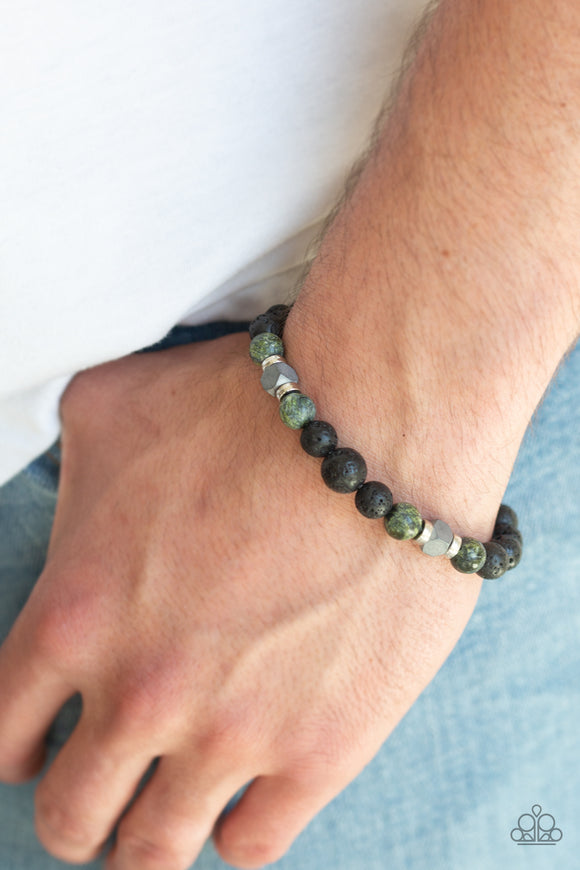 Strength - Green & Black Lava Bead Stretchy Bracelet