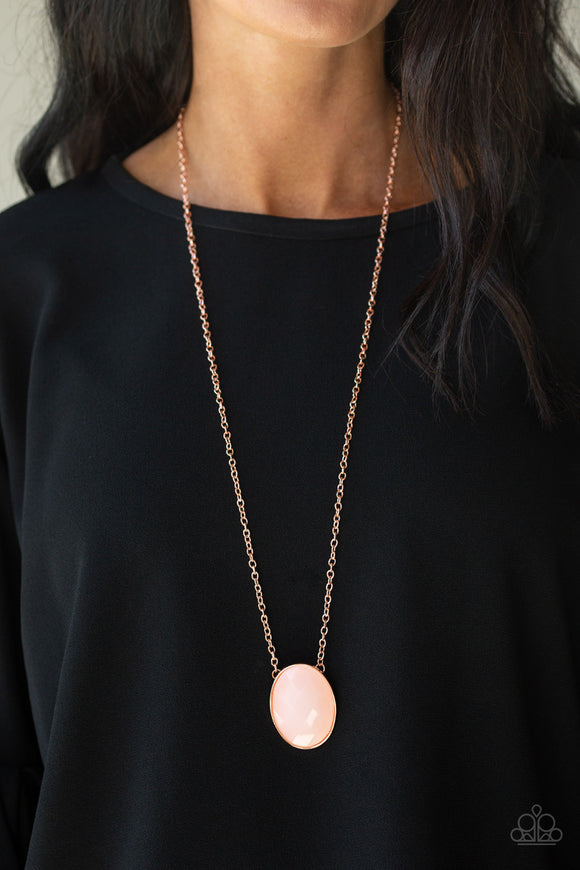 Intensely Illuminated - Shiny Blush Copper Glassy Pink Oval Pendant Necklace