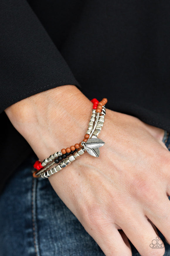 Desert Wanderer - Silver/Black/Red Feathery Leaf Charm Stretchy Bracelet