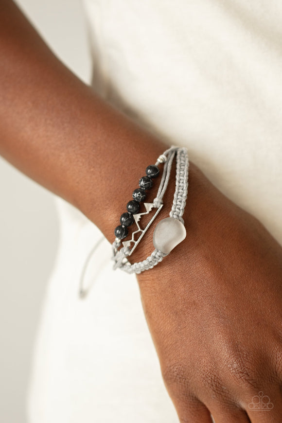 Climbing Mountains - Black Beads & Silver Mountain Charm Layered Pull String Bracelet