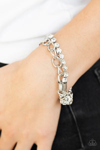 Glamour Grid - White Gems & Silver Chains Stretchy Bracelet