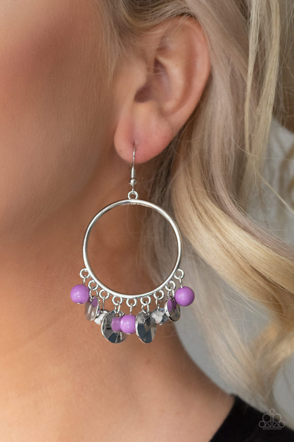 Chroma Chimes - Purple Beads & Silver Discs Charmed Dangle Earrings