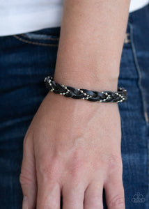 Cowboy Couture - Black Leather & Silver Chain Braid Pull String Bracelet