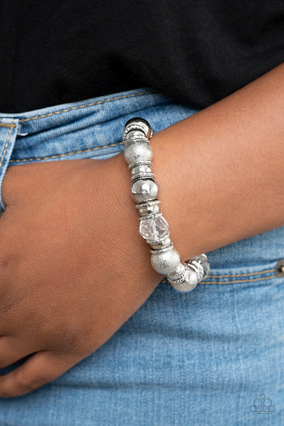 Take Your Best Shot - White Gems & Silver Beaded Stretchy Bracelet