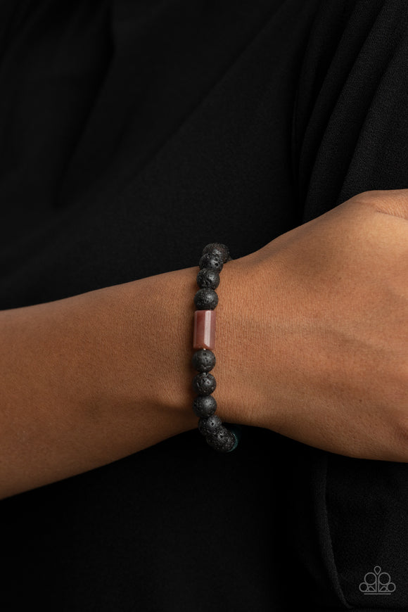 Earthy Energy - Green Stone & Black Lave Bead Stretchy Bracelet