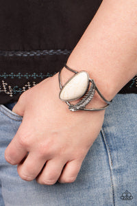 Out In The Wild - White Crackle Stone Silver Feather Open Cuff Bracelet