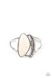 Out In The Wild - White Crackle Stone Silver Feather Open Cuff Bracelet