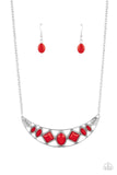 Emblazoned Era - Red Beaded Open Silver Half Moon Short Necklace