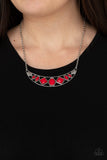 Emblazoned Era - Red Beaded Open Silver Half Moon Short Necklace