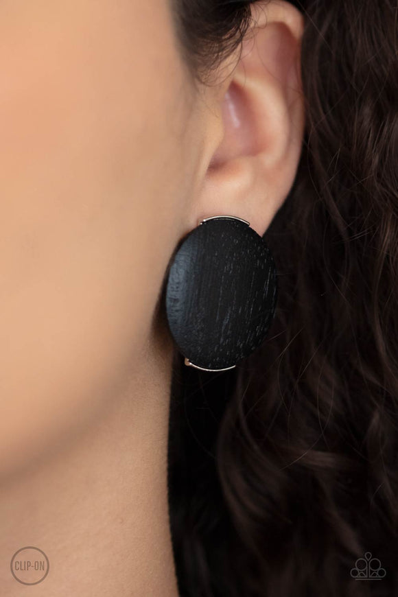 WOODWORK It - Black Wooden Disc Clip-on Earrings