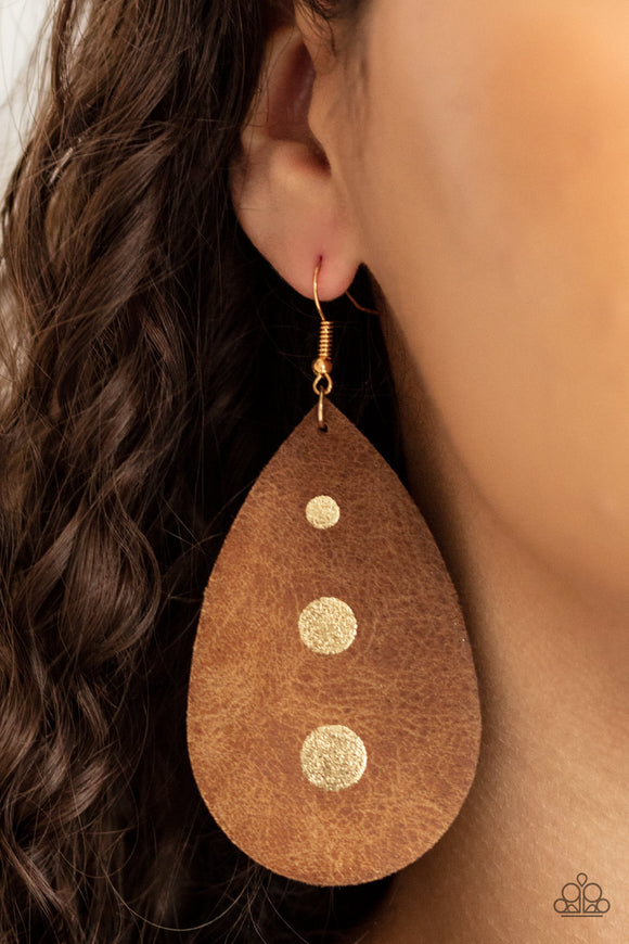 Rustic Torrent - Gold Painted Drops Leather Teardrop Dangle Earrings