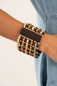 Cayman Carnival - Multi-layered Neutral Tones Wooden Stretchy Bracelet