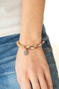 Perpetually Peaceful - Brown Dandelion Stamped Peace Disc Pull String Bracelet