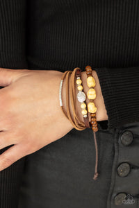 Act Natural - Yellow Stones Wood Beads Leather Pull String Bracelet