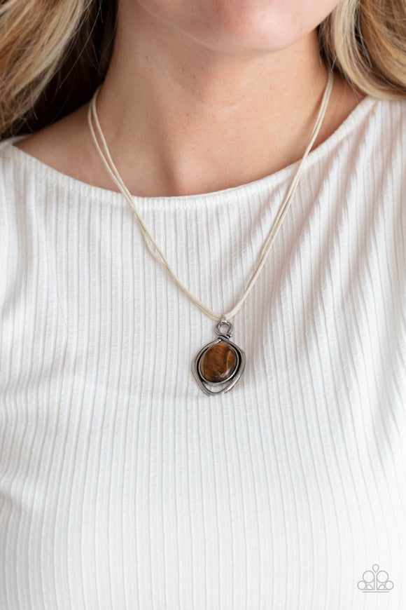 Desert Mystery - Brown Tiger's Eye Oval Pendant White Cording Short Necklace