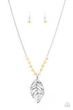 silver leaf pendant yellow beads medium length necklace Paparazzi Accessories P2SE-YWXX-198XX