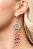 Primal Prestige - Red Stone Chips & Brown Wood Hammered Dangle Earrings