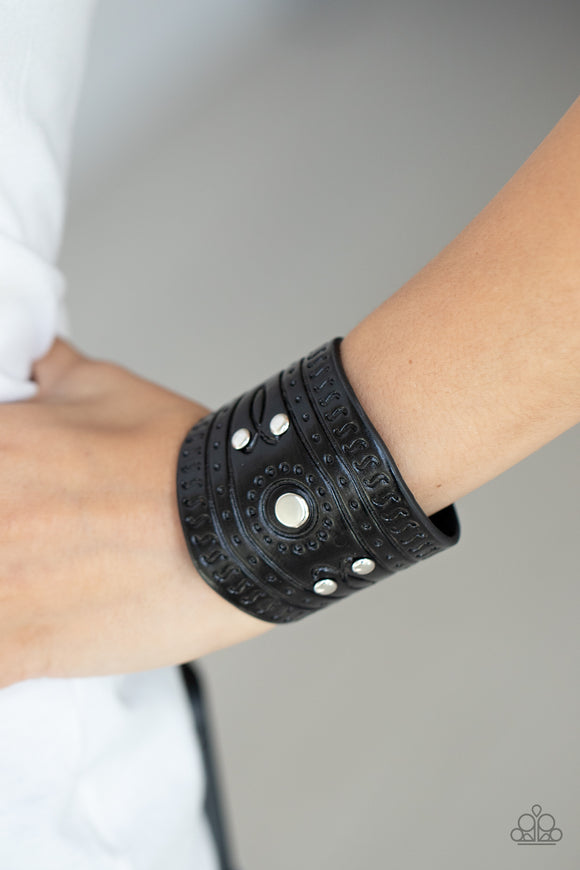 Orange County - Black Stamped & Silver Studded Leather Snap Bracelet