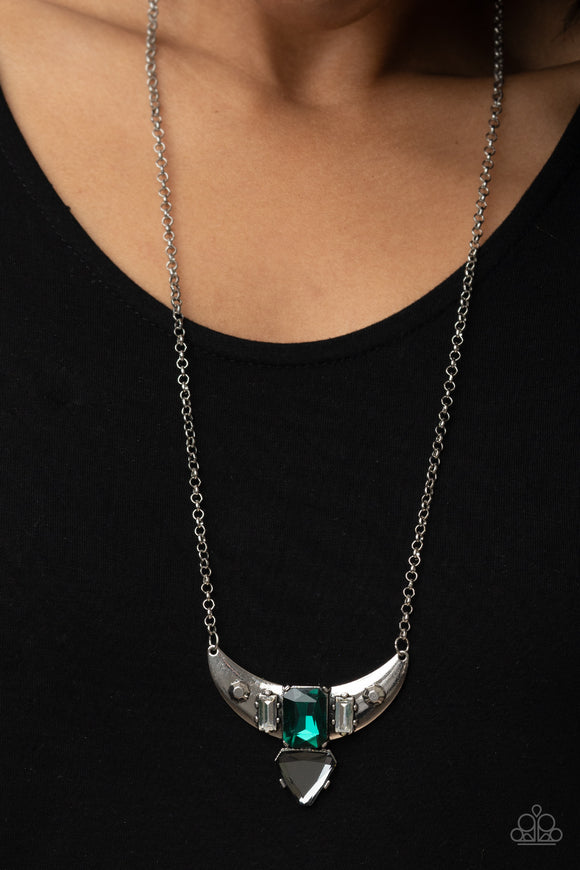 You the TALISMAN! - Green Gem & Hematite on Silver Half-Moon Shaped Short Necklace