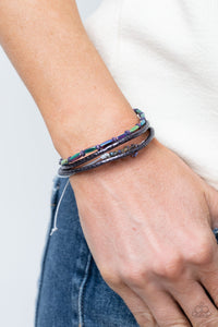 Holographic Hike - Purple Leather "Oil Spill" & Purple Wood Beaded Pull String Bracelet