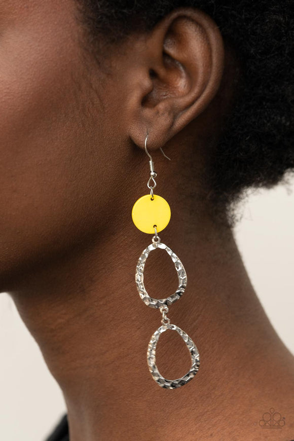 Surfside Shimmer - Yellow Shell Disc Hammered Dangle Earrings