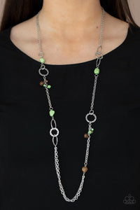 Sandstone Safari - Green Pebbles & Wooden Beads on Long Chain Necklace