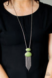 Meet Me At Sunset - Green Crackle Stone Silver Tassel Necklace