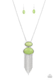 Meet Me At Sunset - Green Crackle Stone Silver Tassel Necklace