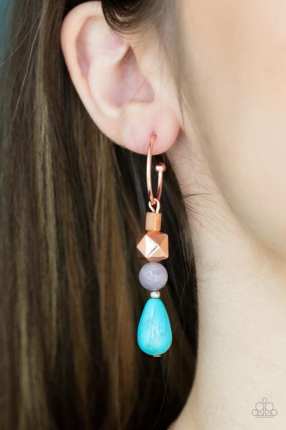 Boulevard Stroll - Shiny Blush Copper Dainty Hoop with Turquoise, Amethyst & Copper Dangle Earrings