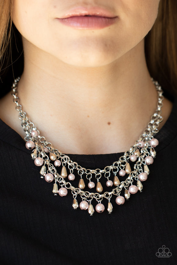 Big Money - Pink, Brown & Silver Pearly Double-layered Short Necklace