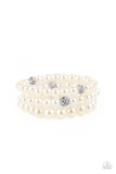 Here Comes The Heiress - White Pearl Silver Beaded Stretchy Bracelet Stack