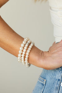 Here Comes The Heiress - White Pearl Silver Beaded Stretchy Bracelet Stack