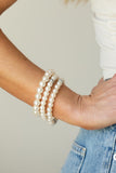 Here Comes The Heiress - White Pearl Silver Beaded Stretchy Bracelet Stack