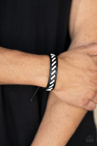 Culture Trip - Black Leather & Angled White Cording Pull String  Unisex Bracelet