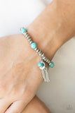 Whimsically Wanderlust - Blue Turquoise & Silver Hammered Beads with Tassel Stretchy Bracelet