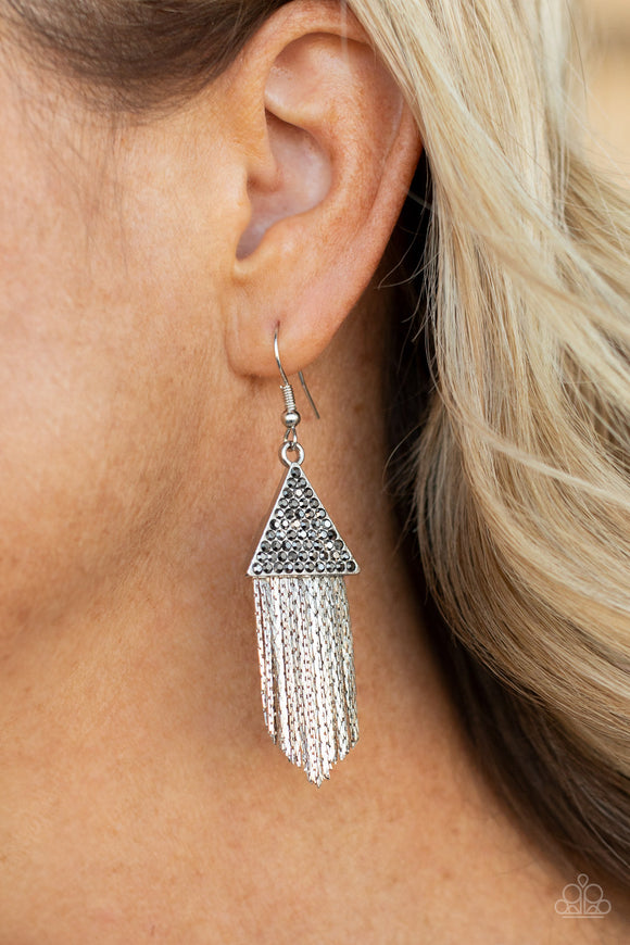 Pyramid SHEEN - Silver Hematite Triangle Tassel Earrings