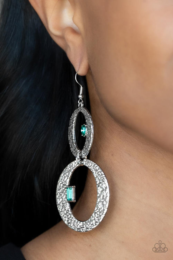 OVAL and OVAL Again - Green Gems Hammered Silver Oval Dangle Earrings