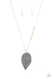 Frond Fantasy - Orange Gems Oversized Embossed Leaf Pendant Long Necklace