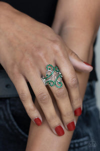 Billowing Beauty - Green Encrusted Swirling Open Stretchy Band Ring