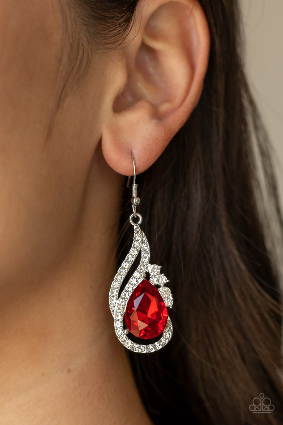 Dancefloor Diva - Red & White Gem Encrusted Teardrop Dangle Earrings