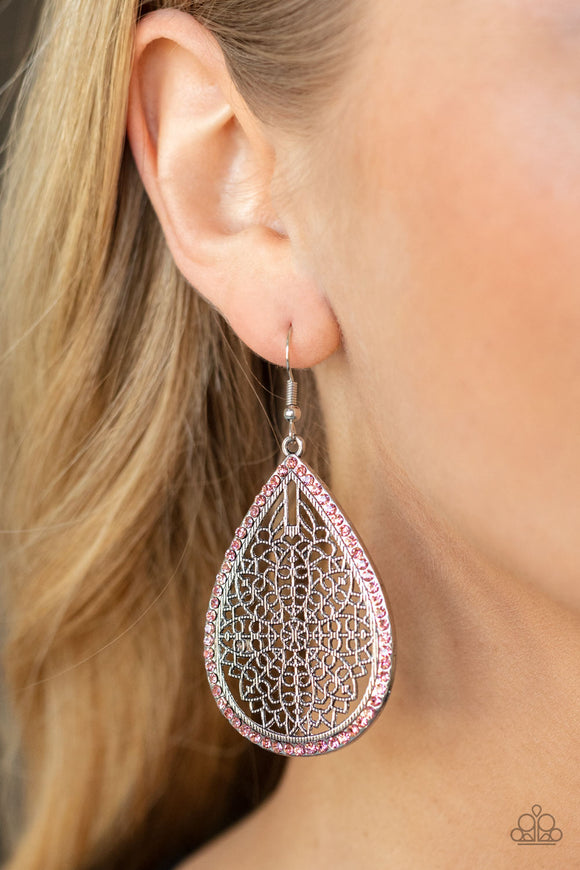 Fleur de Fantasy - Baby Pink Silver Floral Filigree Teardrop Earrings