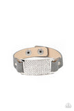 Urban Rivalry - Silver Gray Leather & White Gem Studding on Snap Wrap Bracelet