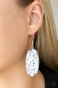 Stone Sculptures - Large White Flattened Speckled Stone Dangle Earrings