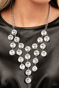 Spotlight Stunner - Silver & White Gem Twinkly Tassels Blockbuster Necklace